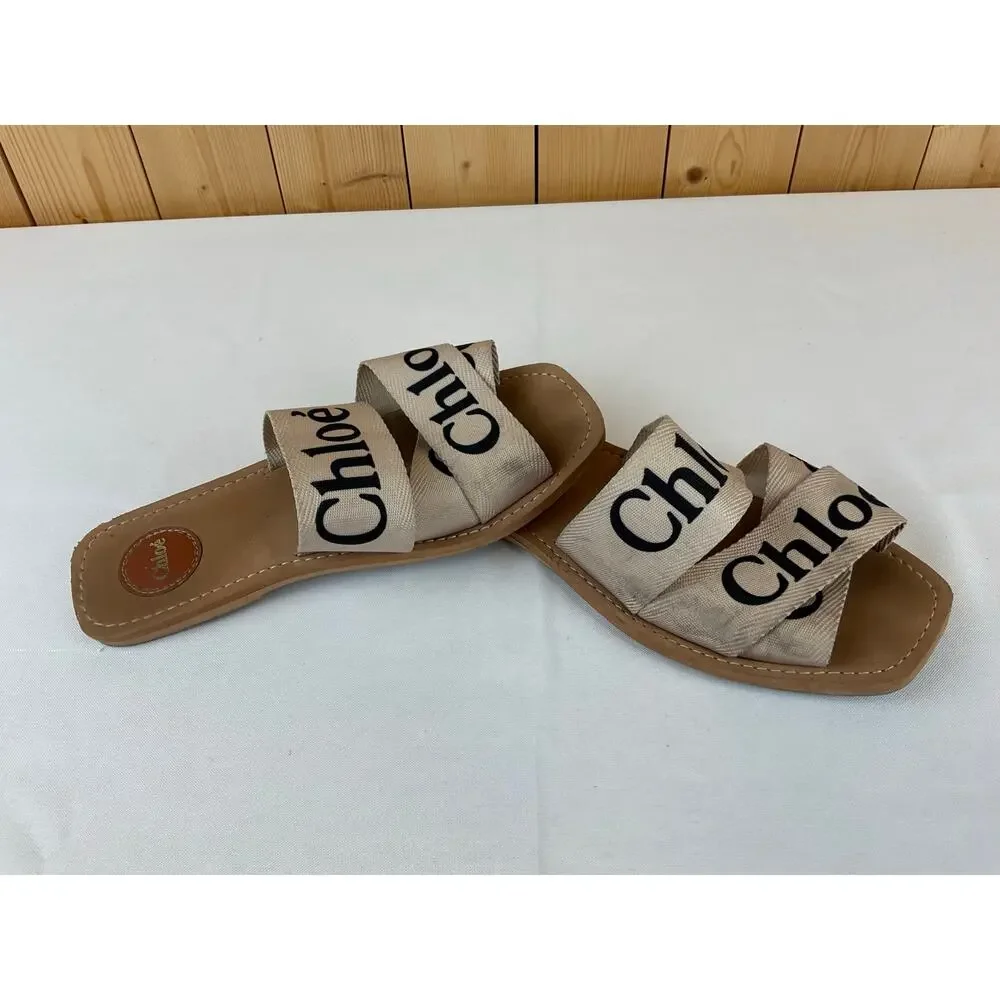 Chloé Beige Logo Ribbon Slide Sandals - Picture 3 of 6